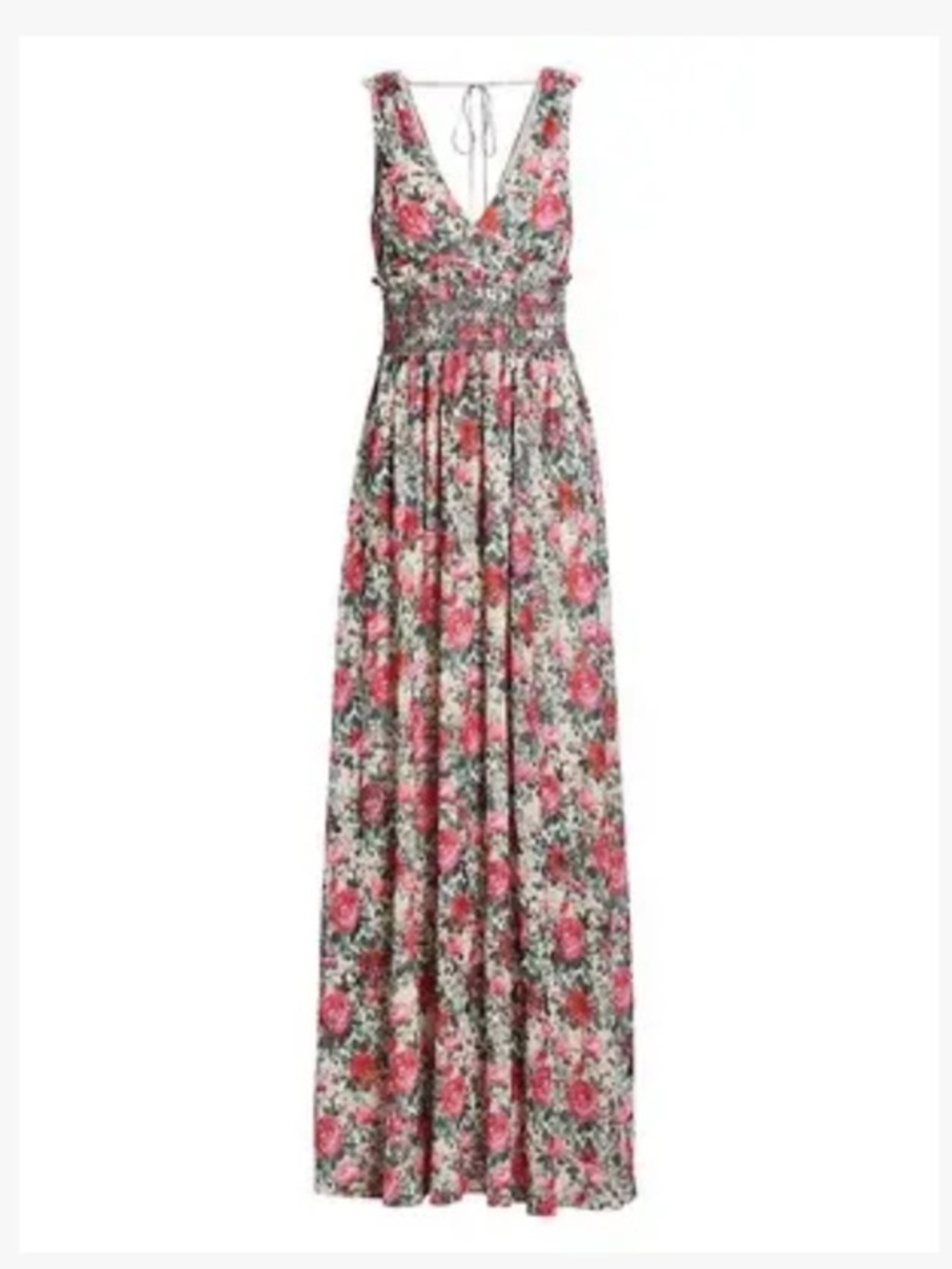 ML MONIQUE LHUILLIER  Smocked Floral Chiffon Maxi Dress In Vermilion Size 6